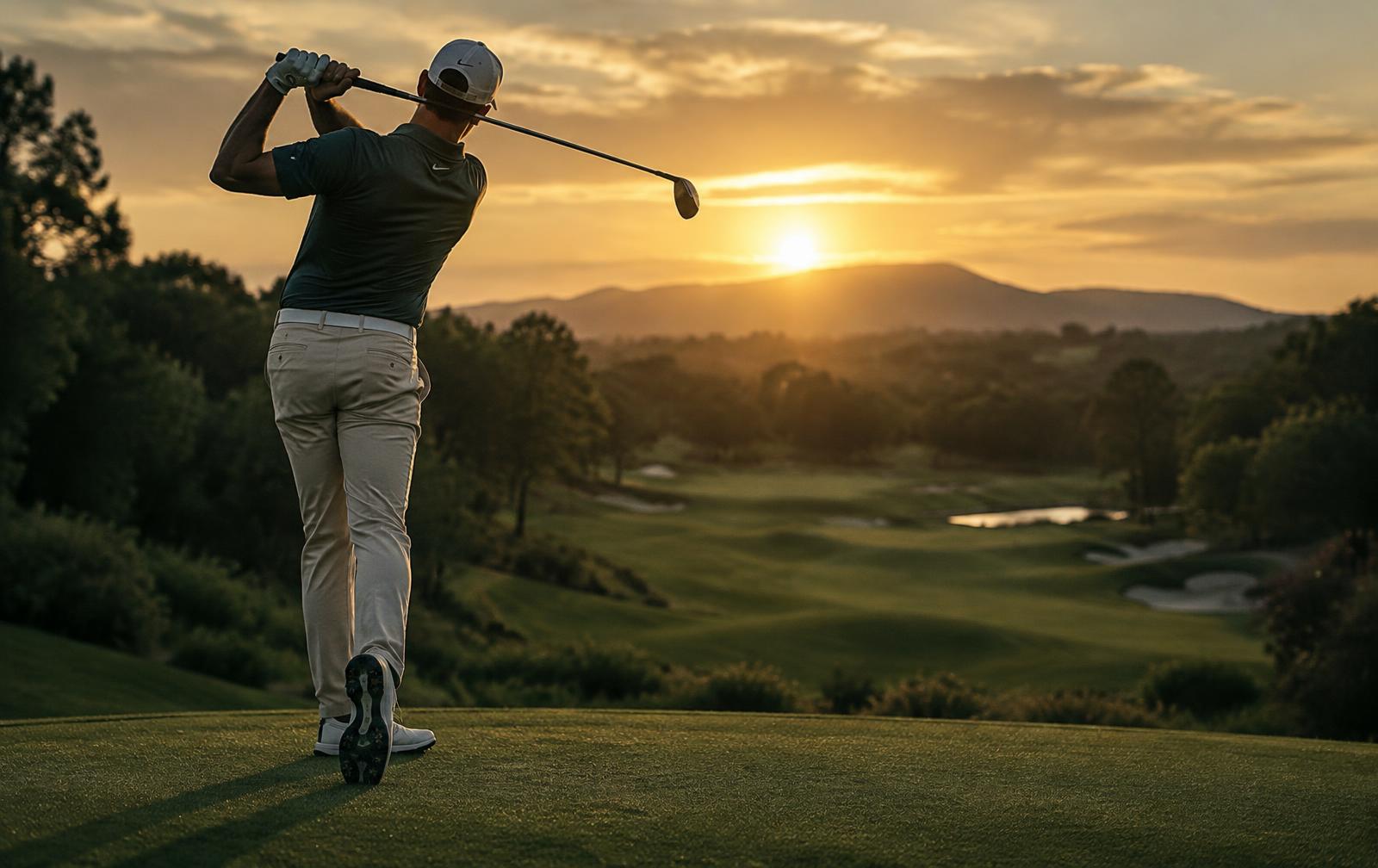 Golfer finishing a drive at sunset